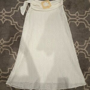 Zara White Eyelet Midi Skirt with Tan Belt